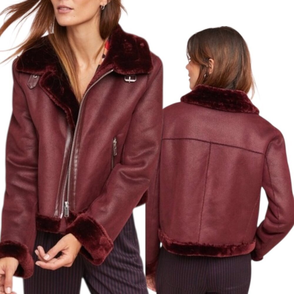 Anthropologie Wine Faux Shearling Moto Jacket